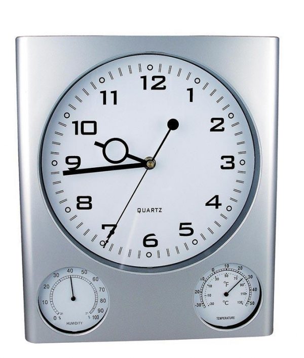 Ρολόι τοίχου θερμόμετρο-υγρόμετρο λευκό καντράν 27.5x32x2