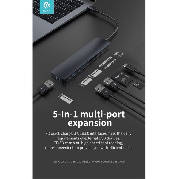 DVAD-329432 DEVIA Leopard Type-C To 3 x USB3.0 + PD + Cardreader 5 In 1 HUB Gray