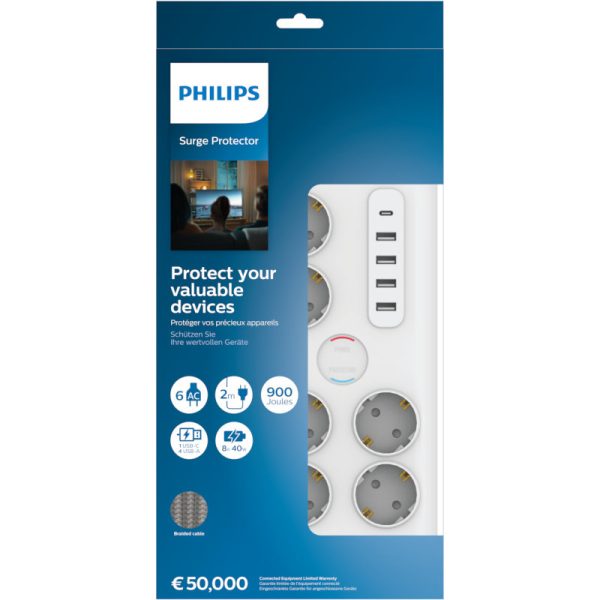 PH-SPN7060WA Philips SPN7060WA/GRS Πολύπριζο ασφαλείας 6 θέσεων με 1 USB Type-C 15 W και 4 USB Type-A 20 W