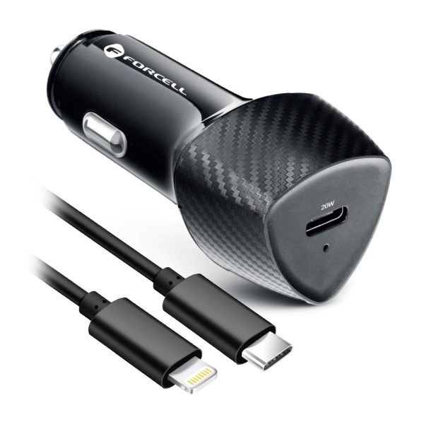 FOCC-209536 FORCELL CARBON car charger Type C 3.0 PD20W CC50-1C + Lightning cable Black (20W)