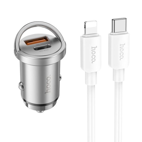 HOC-NZ10i-SL HOCO - NZ10 car charger 2 x USB QC3.0 18W + Type C PD 45W cable Type C To Lightning Silver