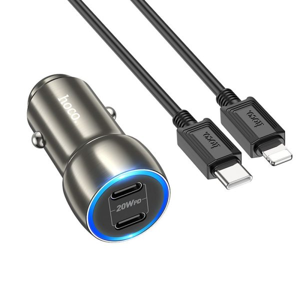 HOC-Z48i-GR HOCO - Z48 car charger 2x Type C + cable Type C to iPhone Lightning 8-pin PD 40W metal gray