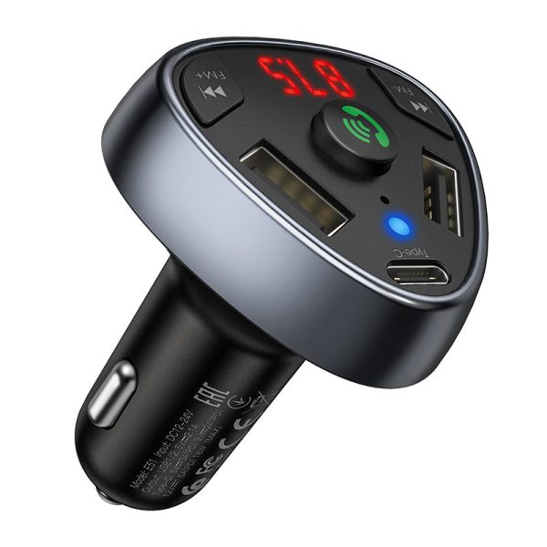 HOC-E51-BK HOCO - E51 BLUETOOTH FM TRANSMITTER & TRIPLE CHARGER WITH 2 USB 3.1A AND TYPE C 18W BLACK