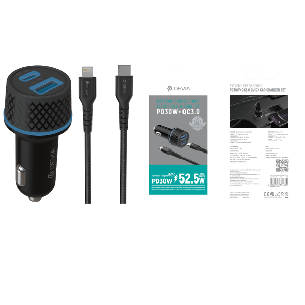 DVCC-354670 DEVIA Extreme speed series PD30W+QC full compatible PD car charger suit + Cable Lightning